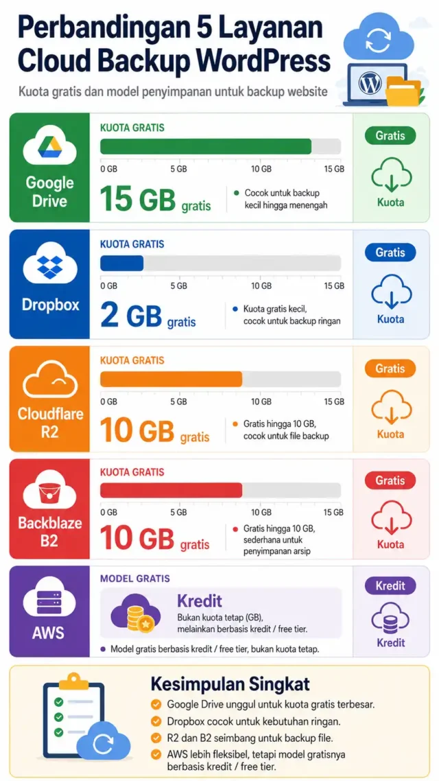 perbandingan kuota gratis Google Drive Cloudflare R2 Backblaze B2 untuk backup WordPress perbandingan kuota gratis Google Drive Cloudflare R2 Backblaze B2 untuk backup WordPress