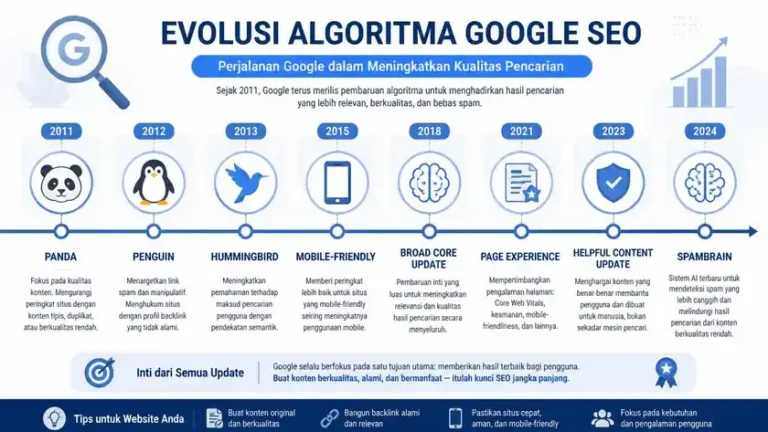 timeline evolusi algoritma Google SEO dulu vs sekarang dari Panda hingga SpamBrain