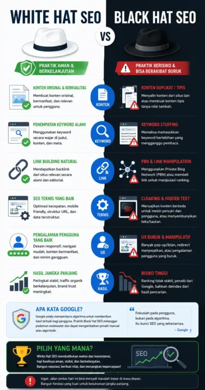 infografis perbandingan white hat vs black hat SEO dulu vs sekarang