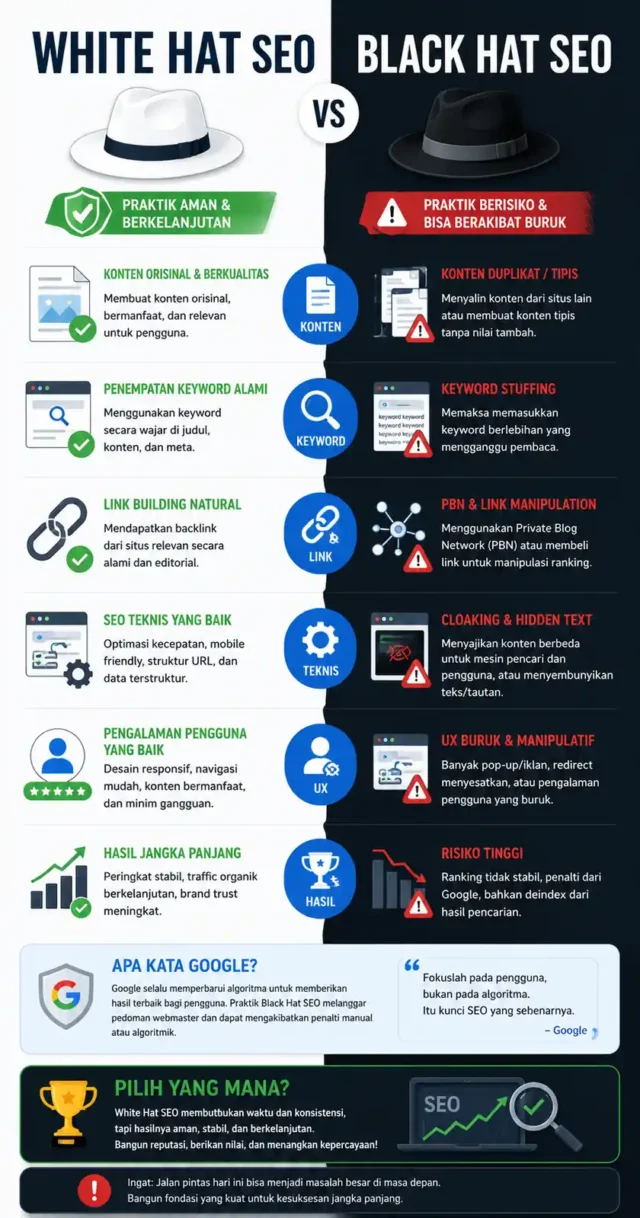 infografis perbandingan white hat vs black hat SEO dulu vs sekarang