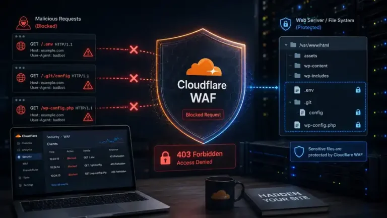 ilustrasi blokir akses file konfigurasi sensitif env git wp-config cloudflare waf