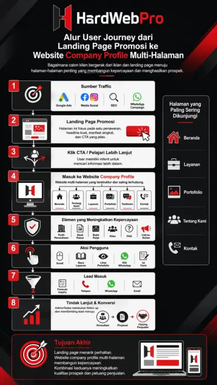 infografis alur user journey dari landing page promosi ke website company profile multi-halaman