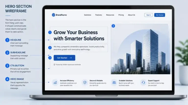 struktur hero section website perusahaan dengan headline subheadline dan CTA