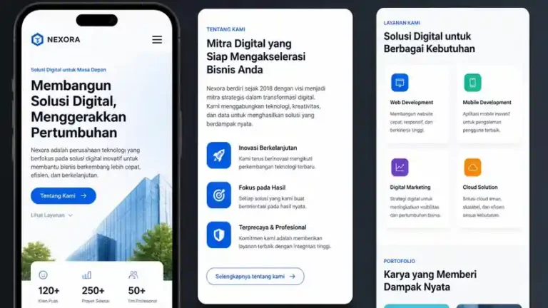 tampilan landing page website company profile yang responsif dan cepat diakses melalui perangkat smartphone
