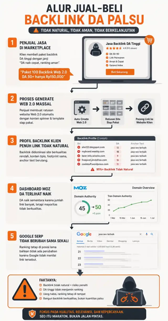 infografis alur manipulasi backlink DA palsu dari marketplace ke Moz sampai gagal di Google ranking infografis alur manipulasi backlink DA palsu dari marketplace ke Moz sampai gagal di Google ranking