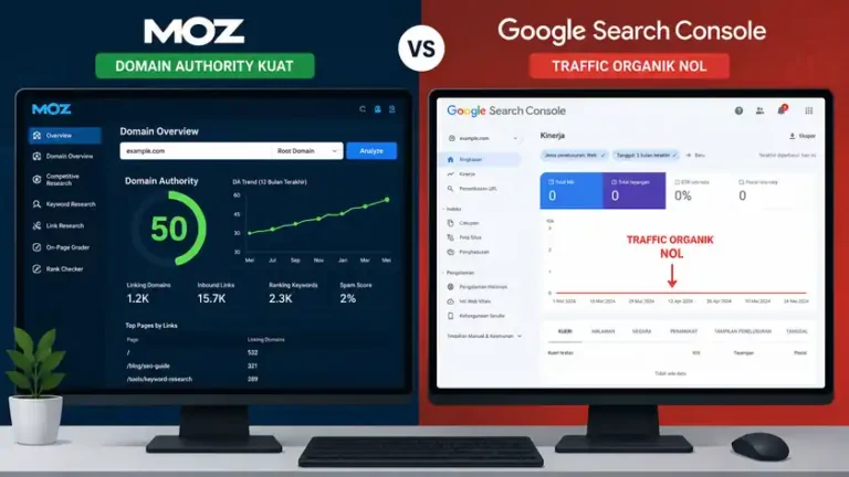 perbandingan skor DA Moz tinggi versus traffic Google Search Console tetap nol pada domain yang manipulasi backlink
