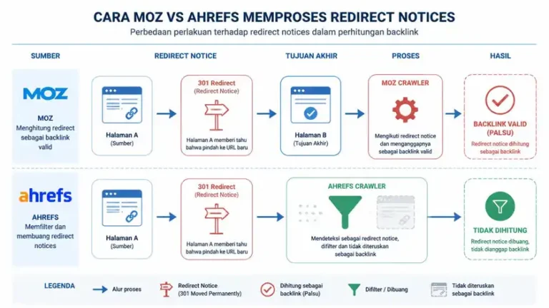 perbandingan cara Moz dan Ahrefs memproses redirect backlink dalam kalkulasi domain authority dan domain rating