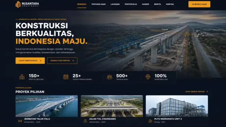 mockup contoh desain website compro perusahaan konstruksi dengan hero section industrial dark dan gallery proyek konstruksi mockup contoh desain website compro perusahaan konstruksi dengan hero section industrial dark dan gallery proyek konstruksi