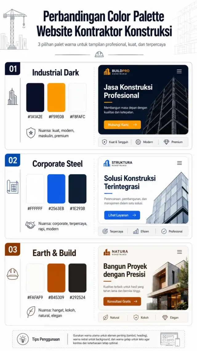 infografis color palette desain web industrial untuk website company profile kontraktor konstruksi Indonesia