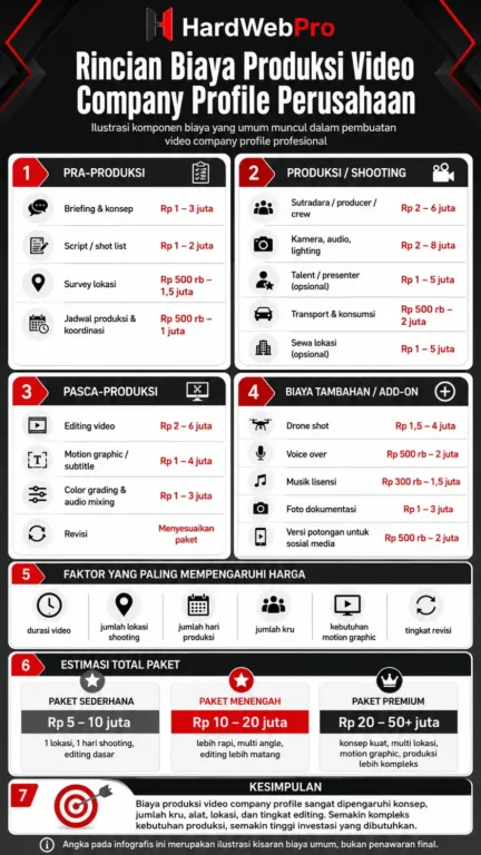 infografis tier paket harga video company profile dari Basic 1080p hingga Premium 8K