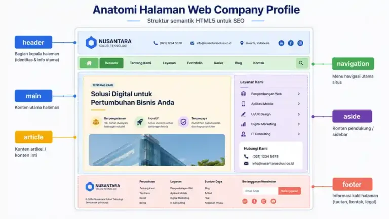 elemen semantik HTML5 untuk SEO pada layout website company profile perusahaan Indonesia