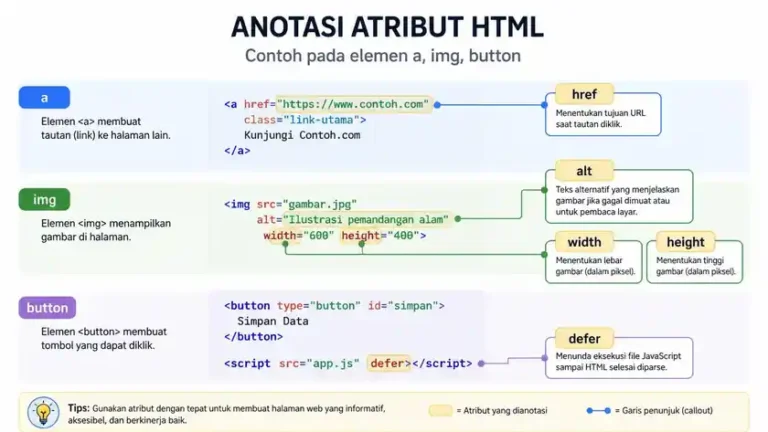 atribut wajib elemen HTML a img button untuk struktur HTML website SEO friendly dan aksesibilitas WCAG