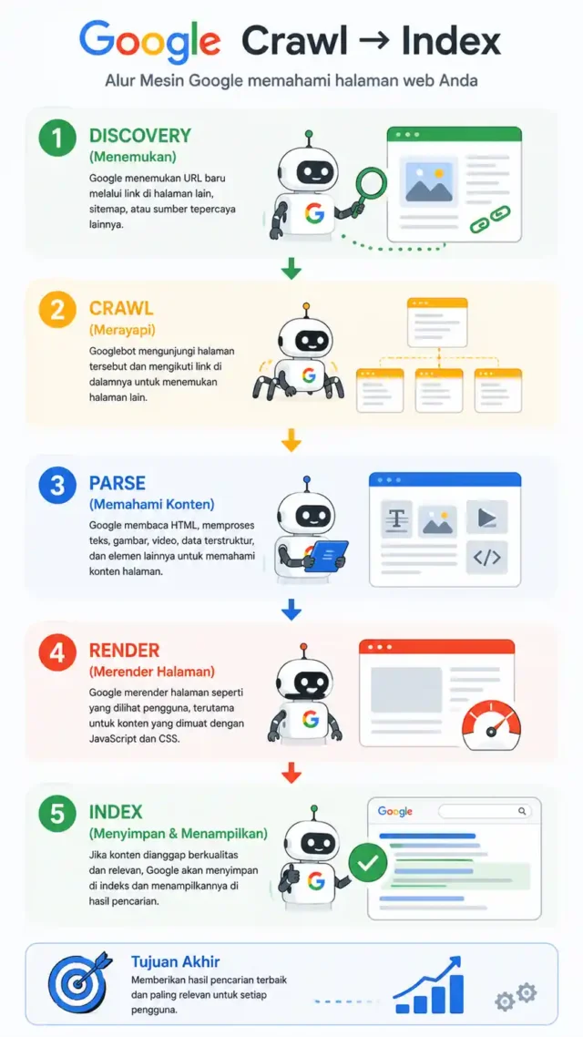 alur render dan crawl Googlebot dari request HTML parse head body sampai indeks halaman