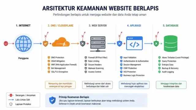 diagram lapisan keamanan website berlapis dari DNS Cloudflare maksimal database