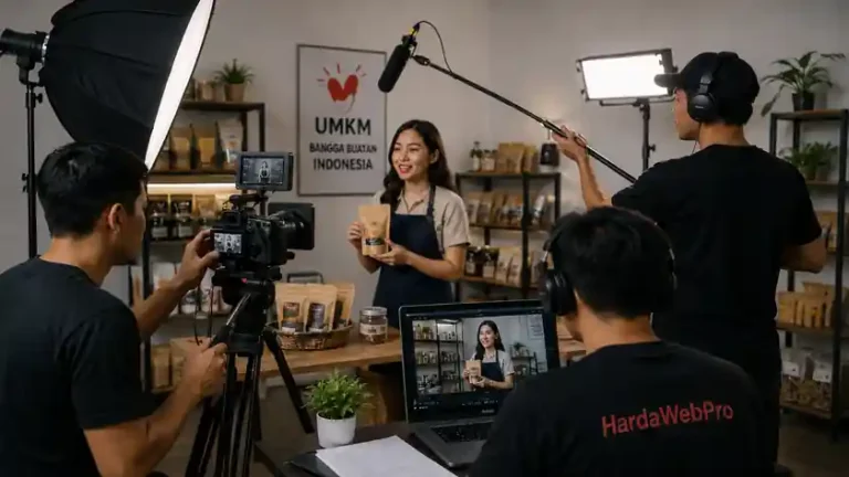 proses pembuatan video company profile UMKM dengan kamera profesional dan pencahayaan studio sederhana