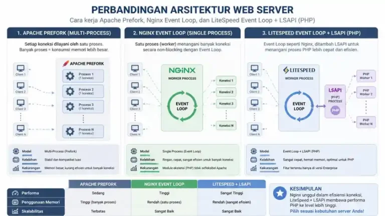 infografis arsitektur apache nginx litespeed process-based vs event-driven LSAPI benchmark web server