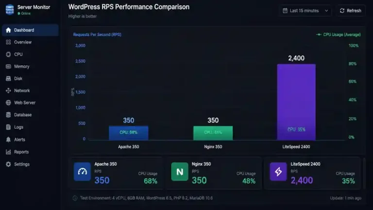 grafik benchmark RPS WordPress sustained load apache 350 vs litespeed 2400 CPU usage 2026