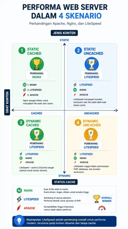 matriks skenario benchmark apache nginx litespeed cached uncached static dynamic