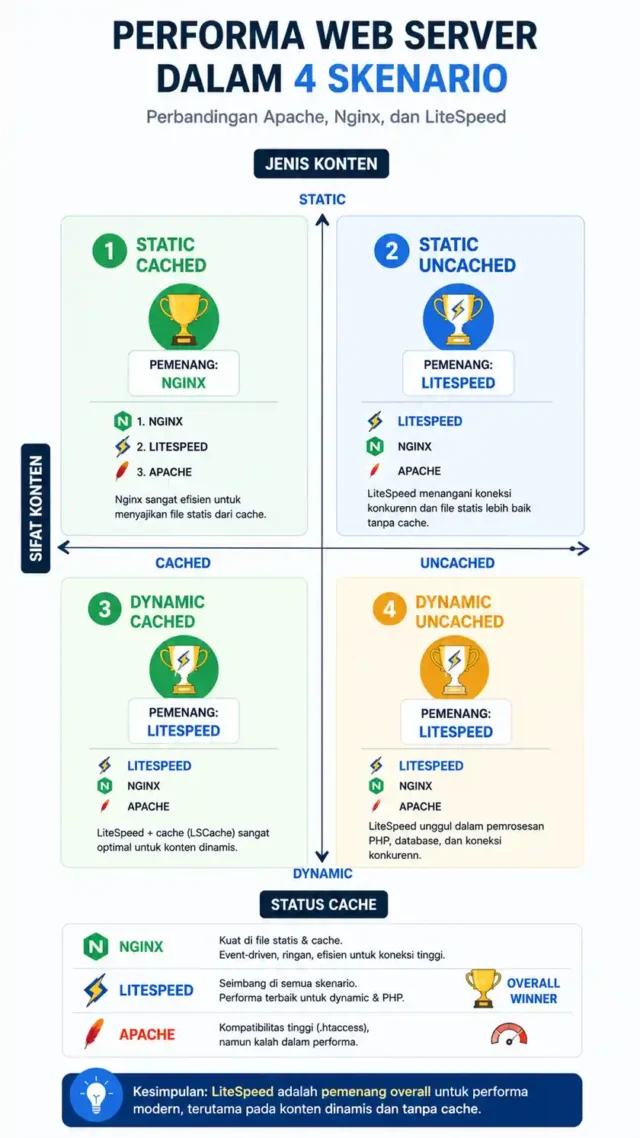 matriks skenario benchmark apache nginx litespeed cached uncached static dynamic