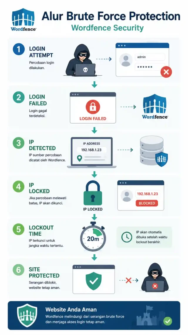 alur kerja Brute Force Protection Wordfence saat login WordPress gagal berulang