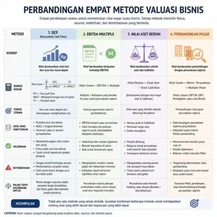 contoh tabel perhitungan valuasi perusahaan menggunakan metode EBITDA multiple dan estimasi DCF lima tahun