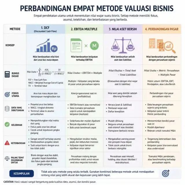 contoh tabel perhitungan valuasi perusahaan menggunakan metode EBITDA multiple dan estimasi DCF lima tahun