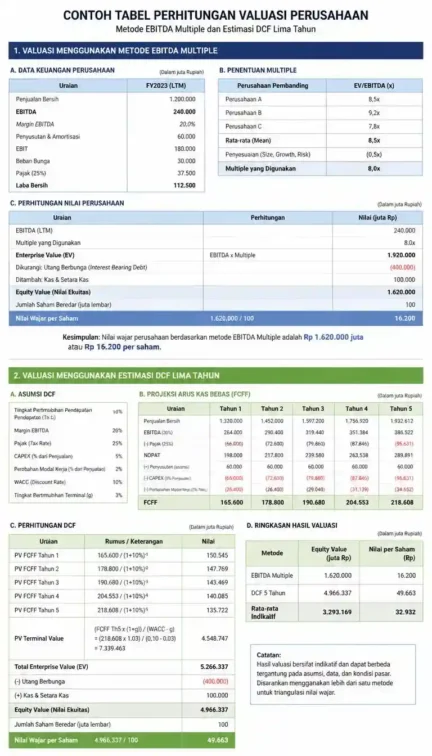 diagram perbandingan empat metode valuasi bisnis DCF EBITDA multiple nilai aset bersih dan perbandingan pasar