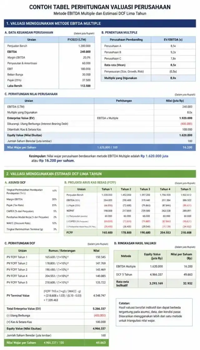 diagram perbandingan empat metode valuasi bisnis DCF EBITDA multiple nilai aset bersih dan perbandingan pasar