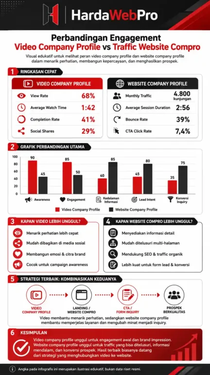 grafik perbandingan engagement video company profile dan traffic website compro