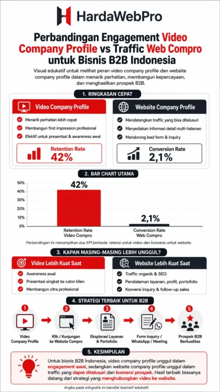 grafik perbandingan engagement video company profile dan traffic web compro untuk rekomendasi bisnis B2B
