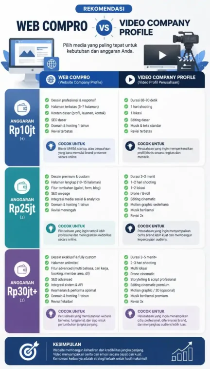 infografis rekomendasi web compro apa video company profile berdasarkan anggaran bisnis B2B