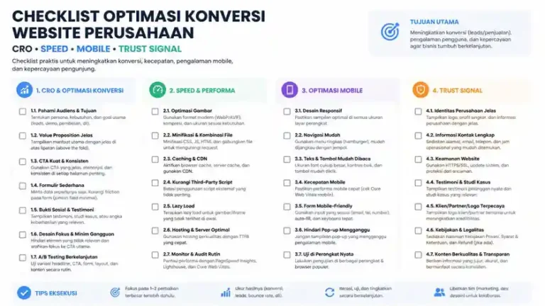 checklist optimasi konversi website perusahaan CRO speed mobile dan trust signal checklist optimasi konversi website perusahaan CRO speed mobile dan trust signal