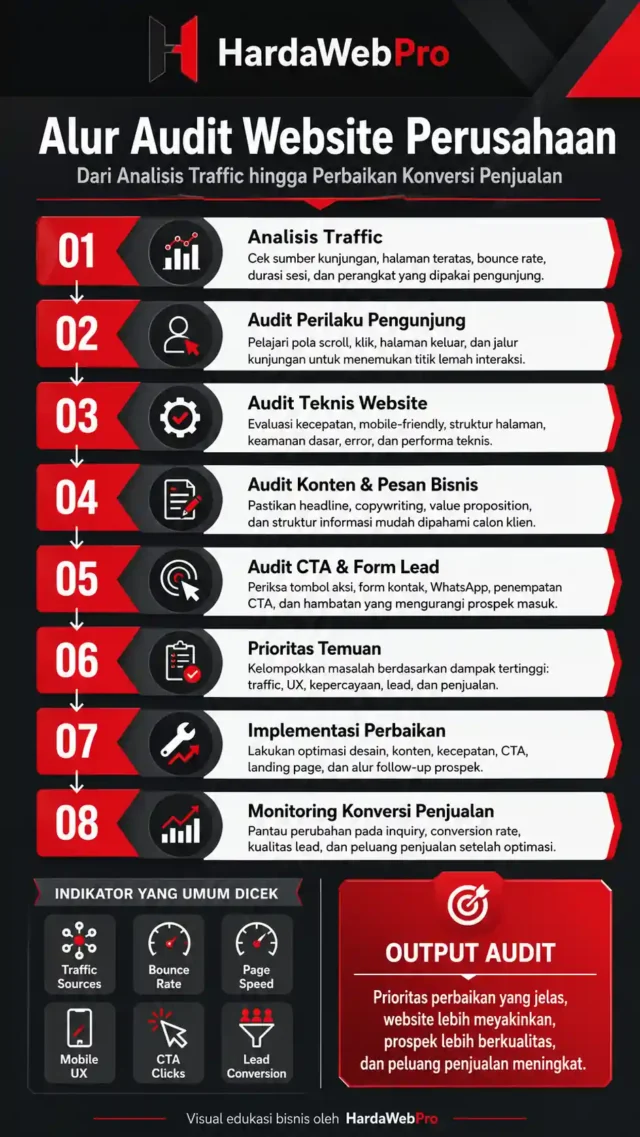 infografis alur audit website perusahaan dari analisis traffic hingga perbaikan konversi penjualan