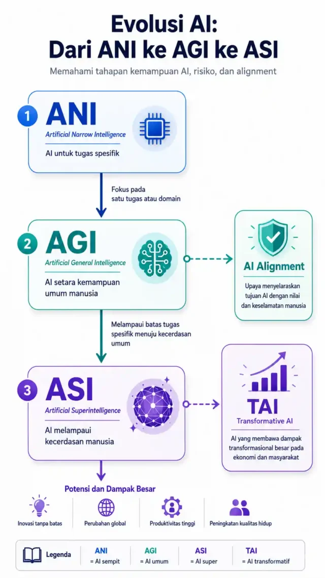 infografis lintasan Artificial General Intelligence menuju ASI dan isu AI alignment