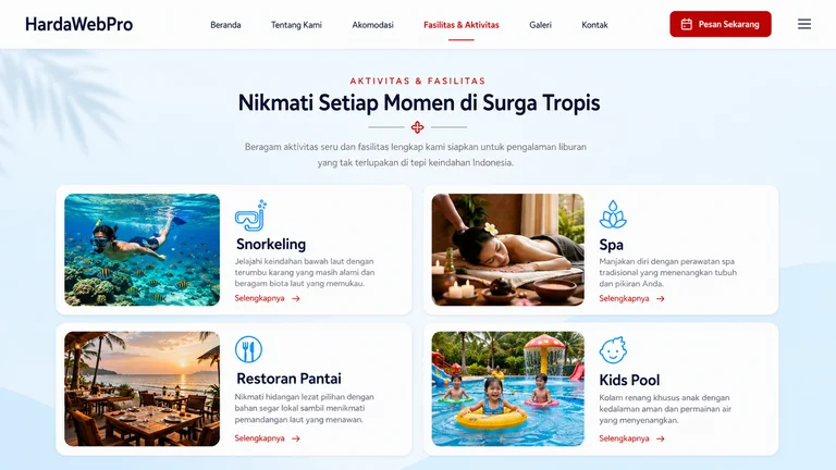 section aktivitas dan fasilitas pada desain website resort perusahaan Indonesia section aktivitas dan fasilitas pada desain website resort perusahaan Indonesia