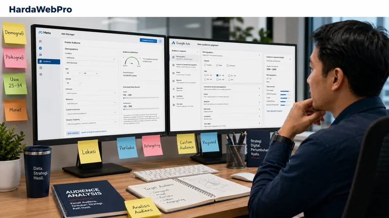 marketer meninjau filter target audiens iklan Meta dan Google Ads di monitor + prompt AI menganalisis target audiens marketer meninjau filter target audiens iklan Meta dan Google Ads di monitor + prompt AI menganalisis target audiens