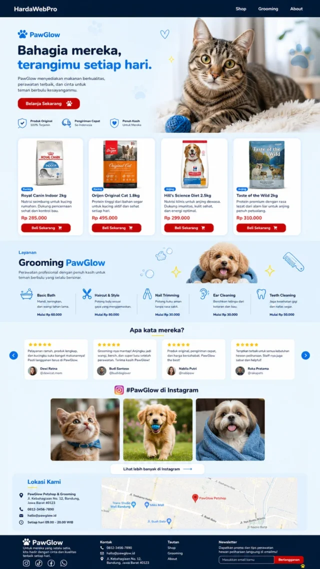 anatomi contoh desain website petshop selera gen-z full page header sampai footer