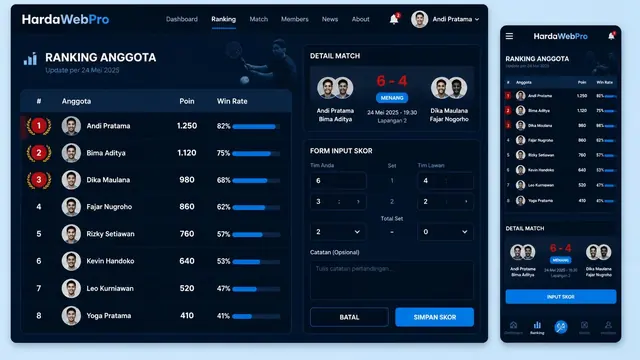 aplikasi sistem ranking anggota pada contoh desain website klub padel leaderboard dan form skor