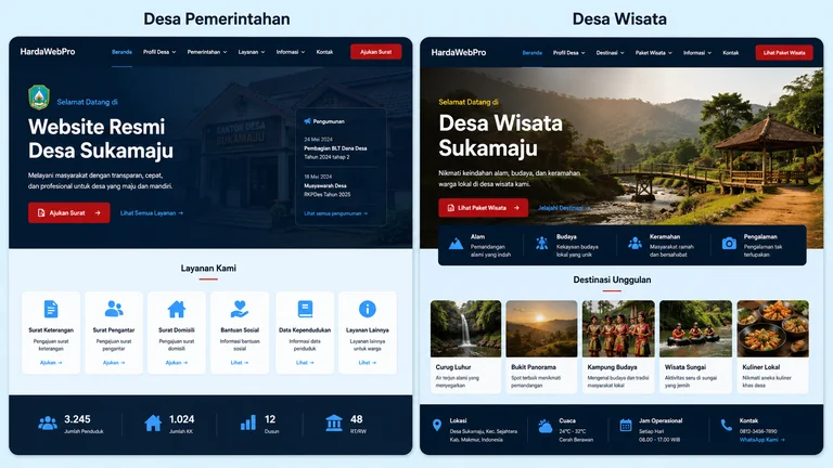 perbandingan desain website desa pemerintahan dan website desa wisata modern