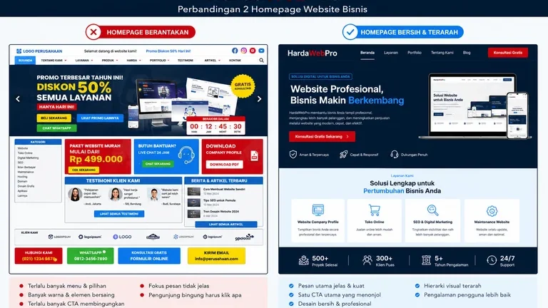 perbandingan contoh landing page penjualan layout berantakan versus bagus