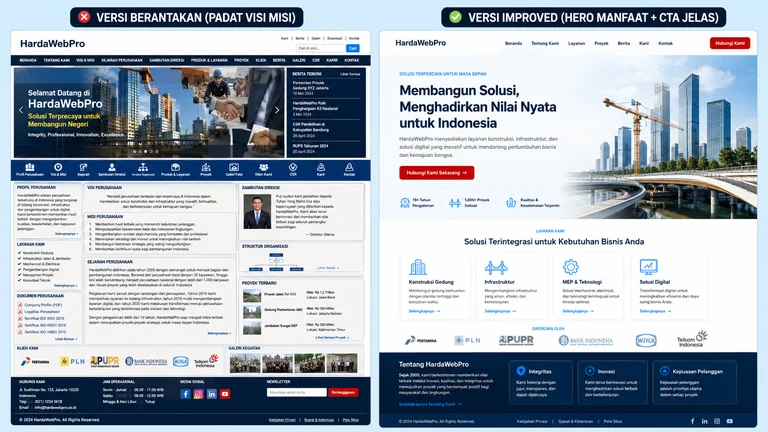 perbandingan contoh website profil perusahaan layout lemah versus jelas