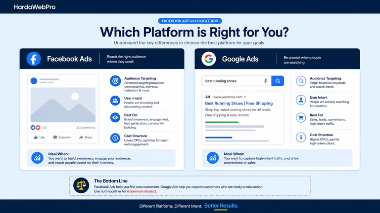 mockup perbandingan efektivitas iklan fb vs google pada landing edukasi bisnis Indonesia 2026