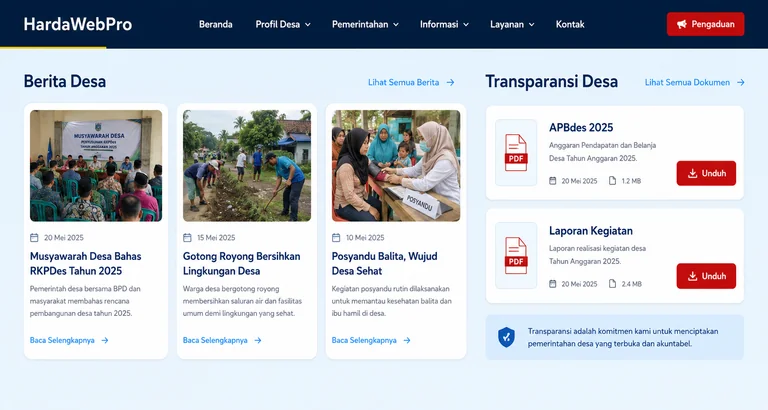 section berita dan transparansi anggaran pada desain website desa modern yang rapi