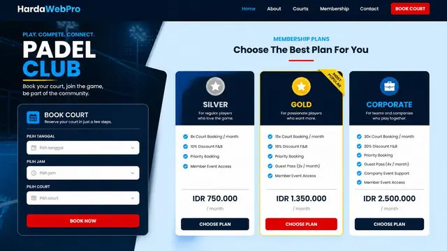 section booking court dan membership pada contoh desain website klub padel