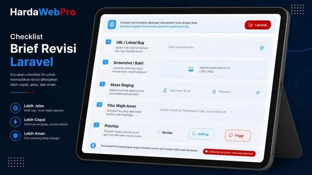 checklist brief revisi website Laravel berisi bug URL staging dan prioritas fitur