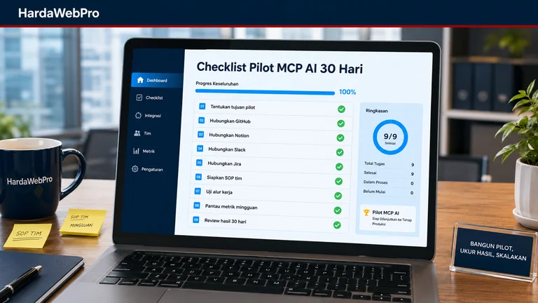 checklist pilot MCP AI 30 hari perusahaan di layar laptop + fungsi MCP AI operasional korporat