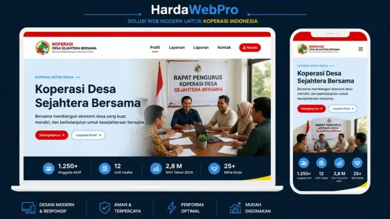 contoh desain homepage website koperasi Indonesia dengan palet merah putih dan navigasi sederhana