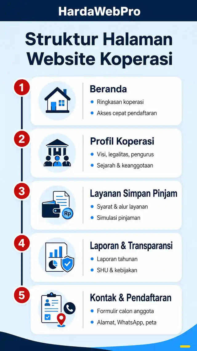 infografis struktur halaman contoh desain website koperasi lengkap dari beranda hingga kontak