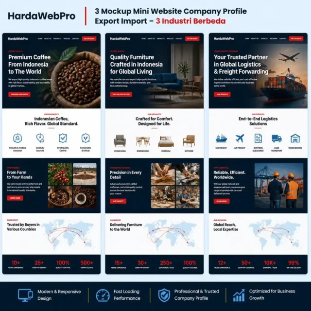 contoh tipe web compro perusahaan export import komoditas manufaktur dan jasa logistik