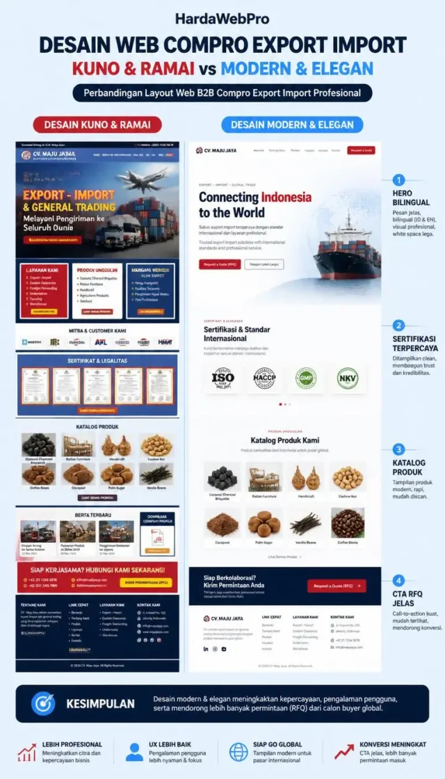infografis perbandingan desain web compro export import elegan modern clean vs desain kuno
